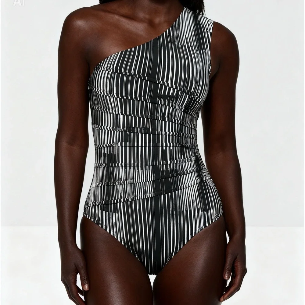 Calvin Klein One-Shoulder One Piece Swimsuit Black Multi Dry Brush Size 12 - Picture 1 of 6
